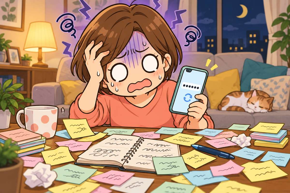 付箋に書いたパスワードのメモに囲まれてスマホを見つめる母親