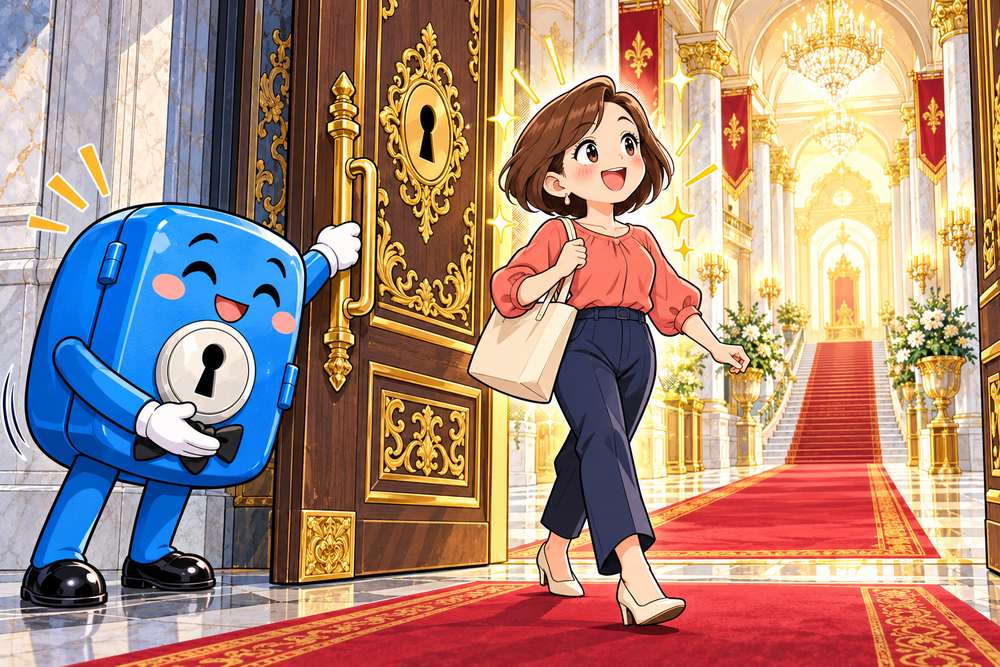 擬人化した1Passwordが豪華な扉を開けてくれて、さっそうと通り抜ける女性
