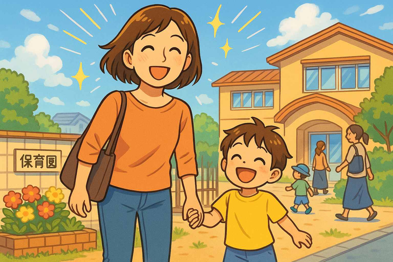 身軽な荷物で子どもと手をつないで登園する朝