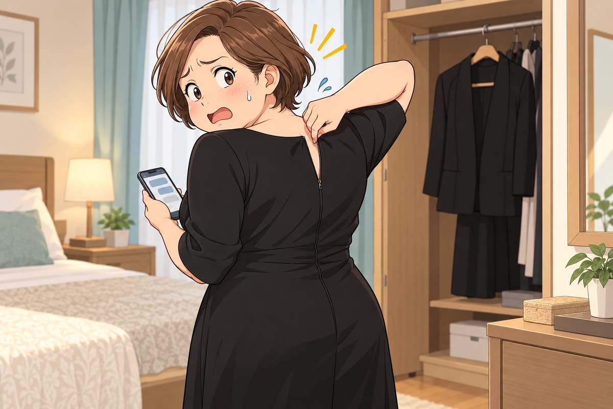 背中ファスナーの喪服に腕が届かず困る40代の母親