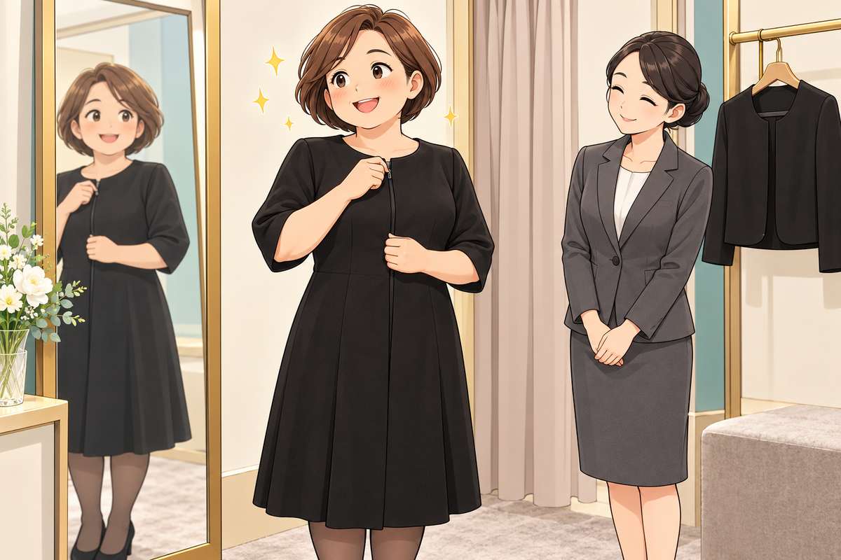 前ファスナーの喪服を試着して安心する40代の母親