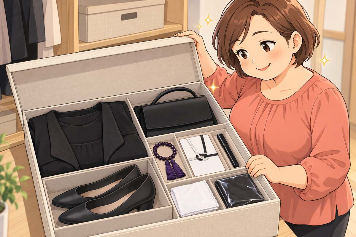 喪服と小物を箱にひとまとめにした弔事セットを確認する母親