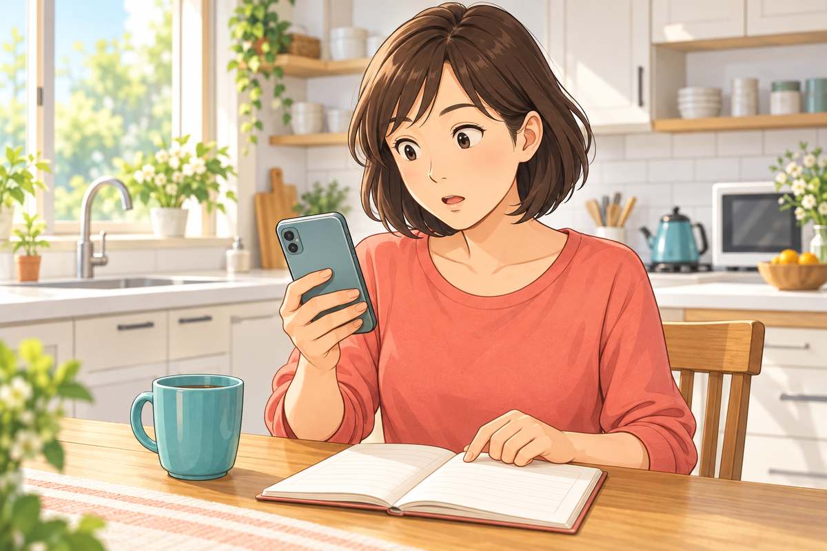 朝のキッチンでスマホの銀行アプリを見て驚く女性