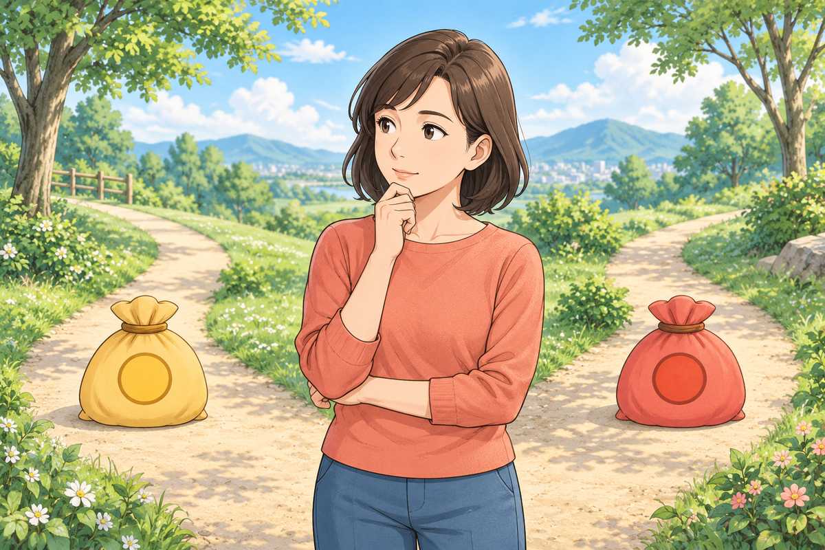 分かれ道でポイントの袋を見比べて考え込む女性