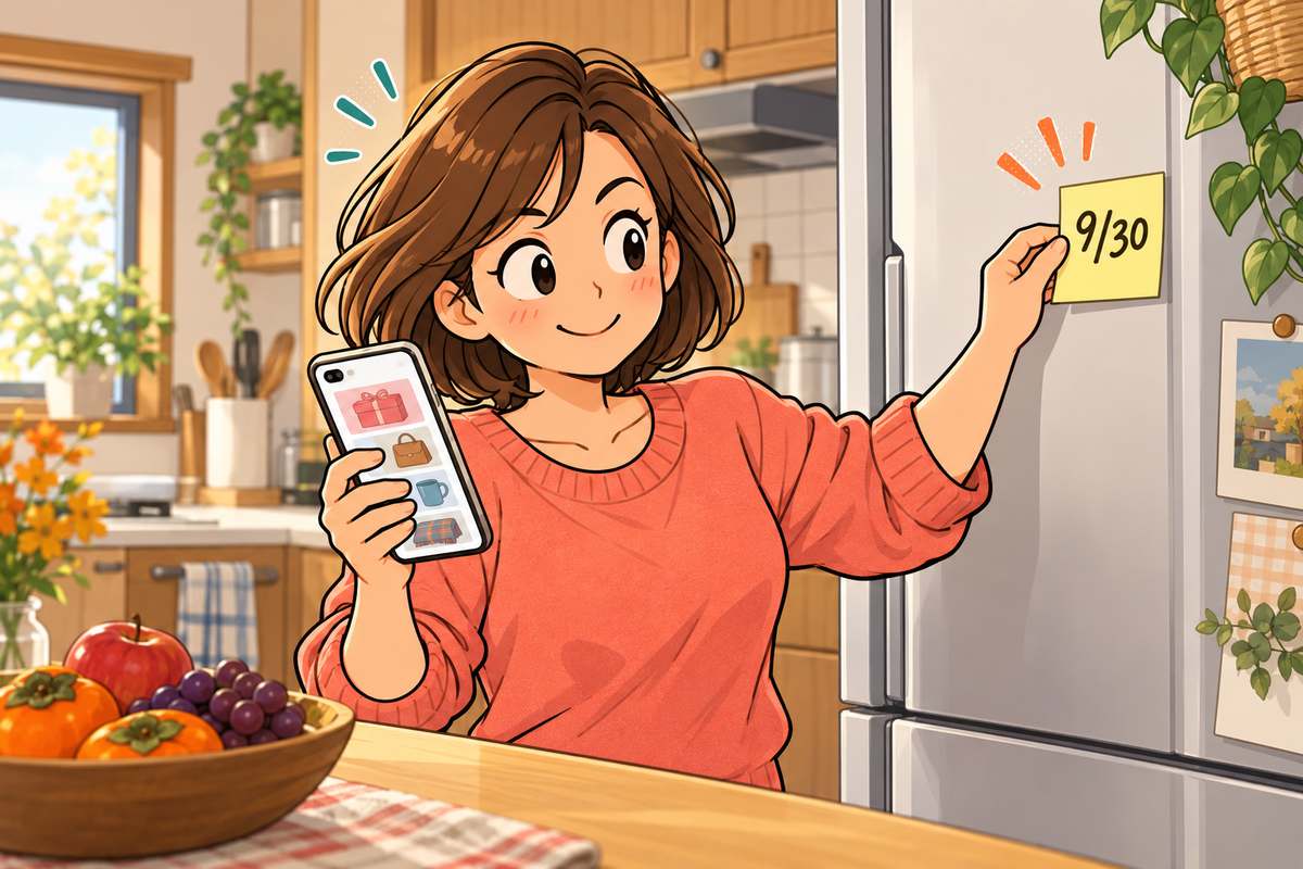 期限のメモを冷蔵庫に貼る共働きママ