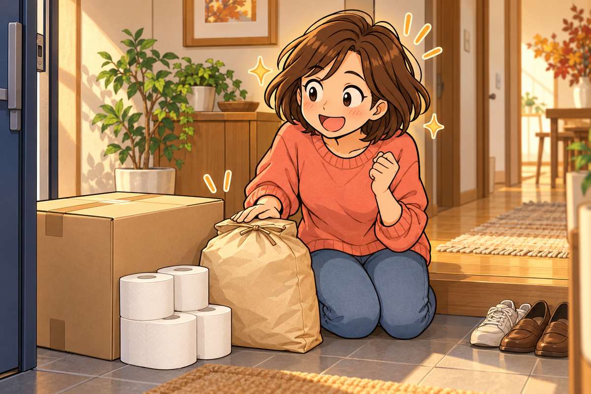 ふるさと納税の返礼品が玄関に届いて喜ぶママ