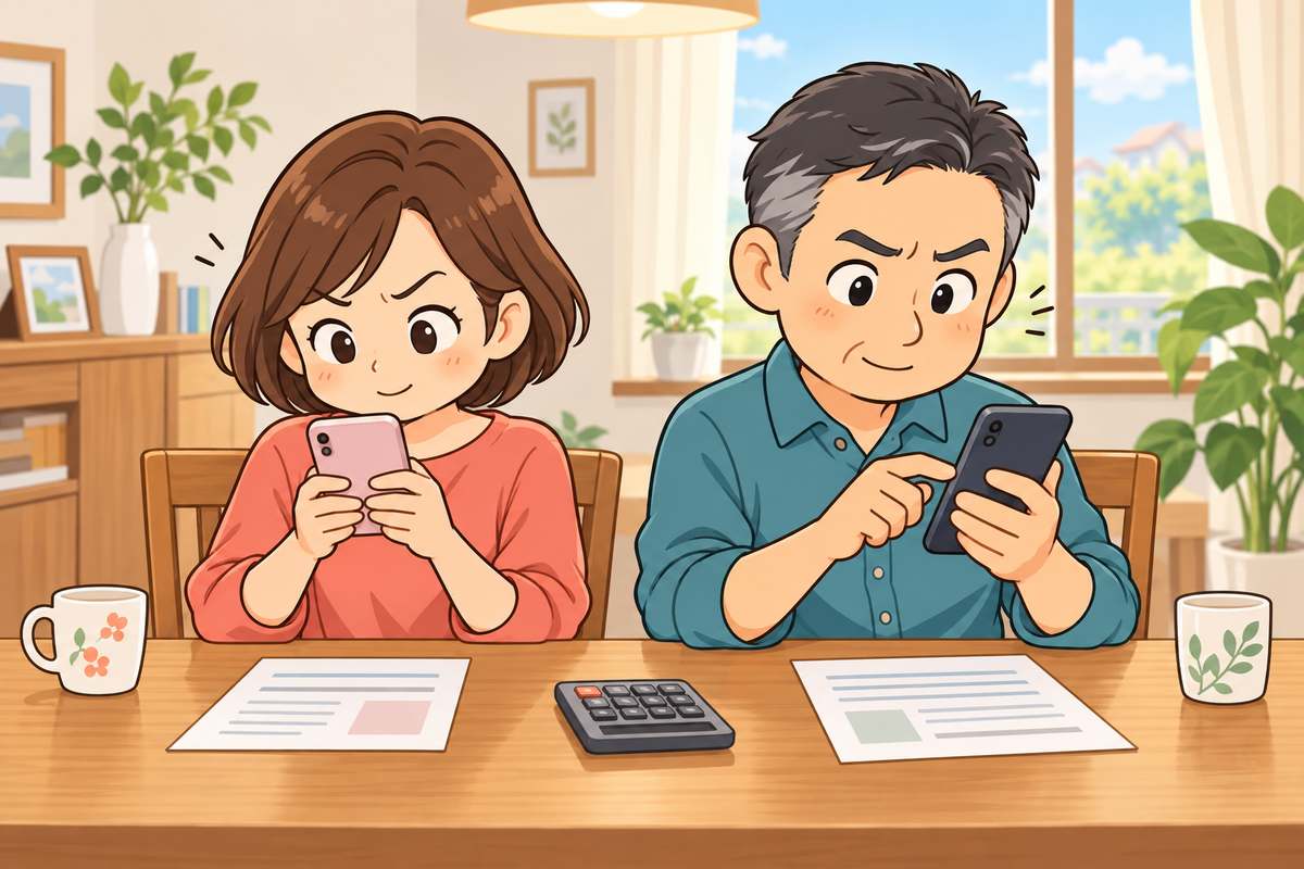 夫婦がそれぞれのスマホでふるさと納税の限度額を計算している様子