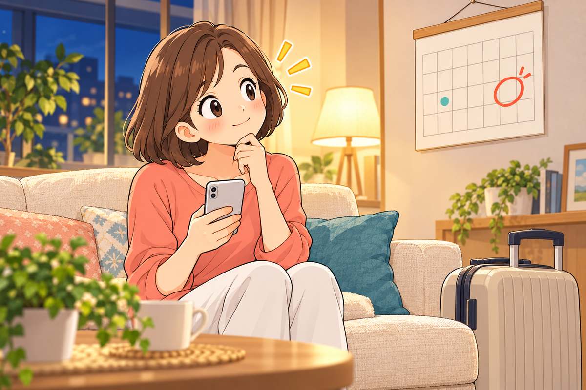 旅行の日付を丸で囲んだカレンダーを見ながら寄付のタイミングを考える母親