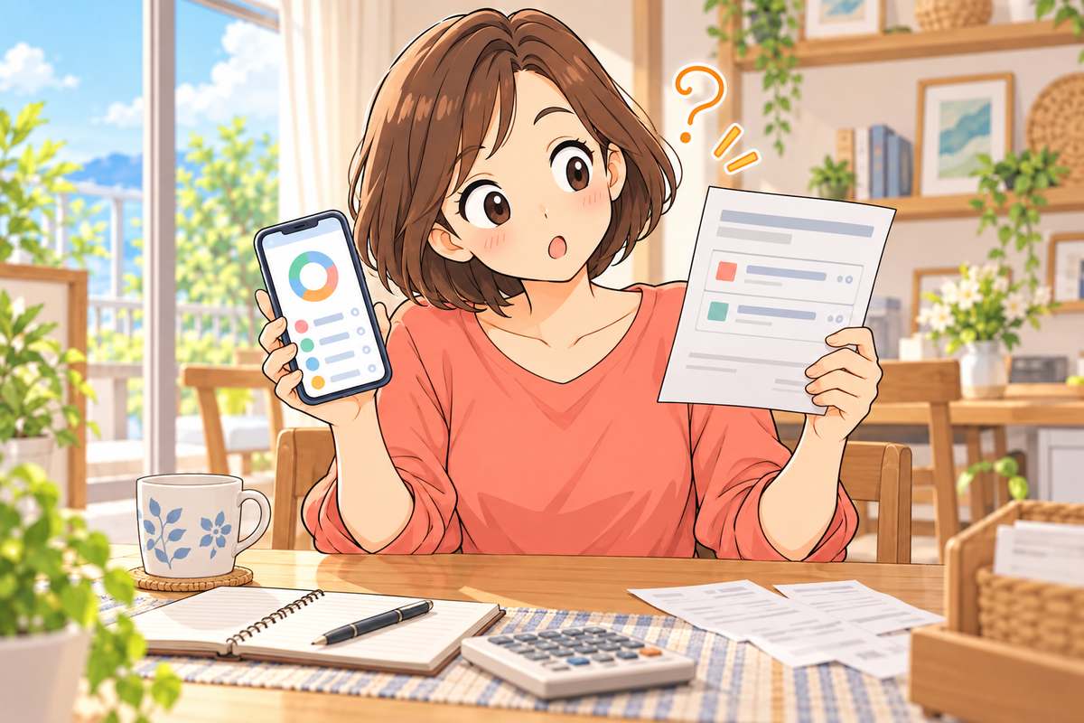 カード明細と家計簿アプリを見比べて首をかしげる母親