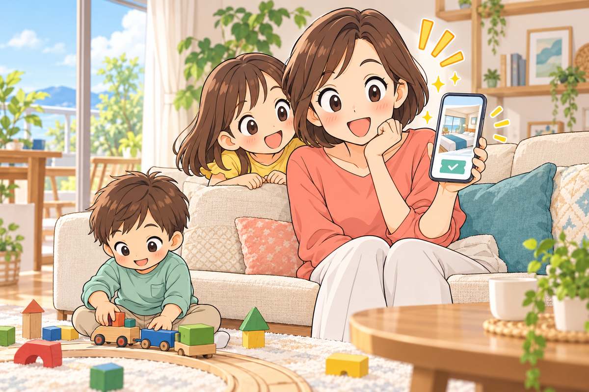 スマホの予約画面で宿代が下がったのを見て驚く母親と、のぞき込む娘