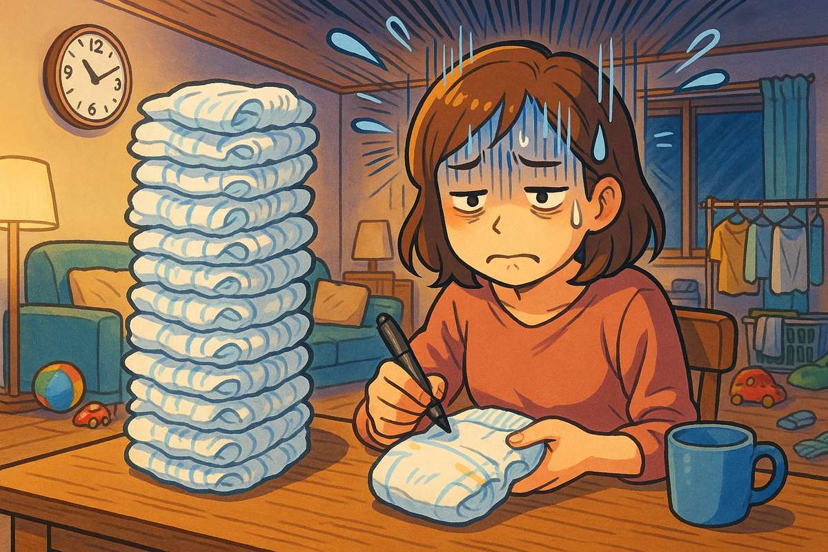 夜のリビングで紙おむつ1枚ずつに名前を書く母親
