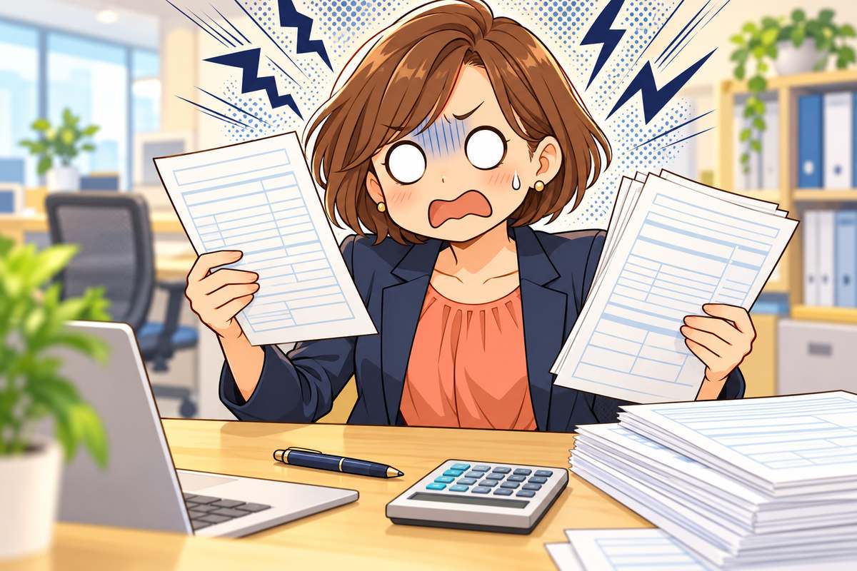 年末調整の書類と去年の控えを見比べて手が止まる女性