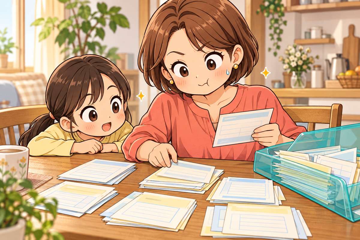 生命保険料控除証明書を仕分けする共働きの母親と子ども