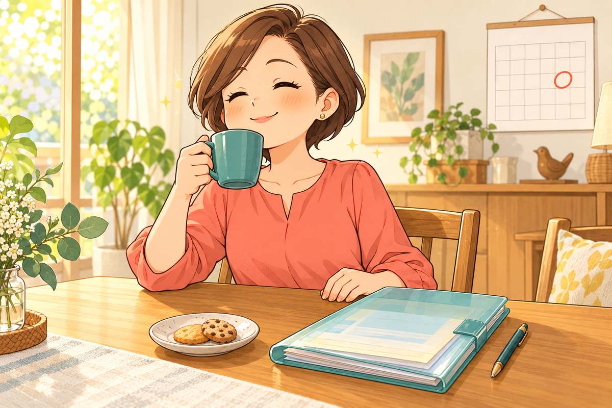 控除証明書をクリアファイルにまとめて余裕の表情の女性