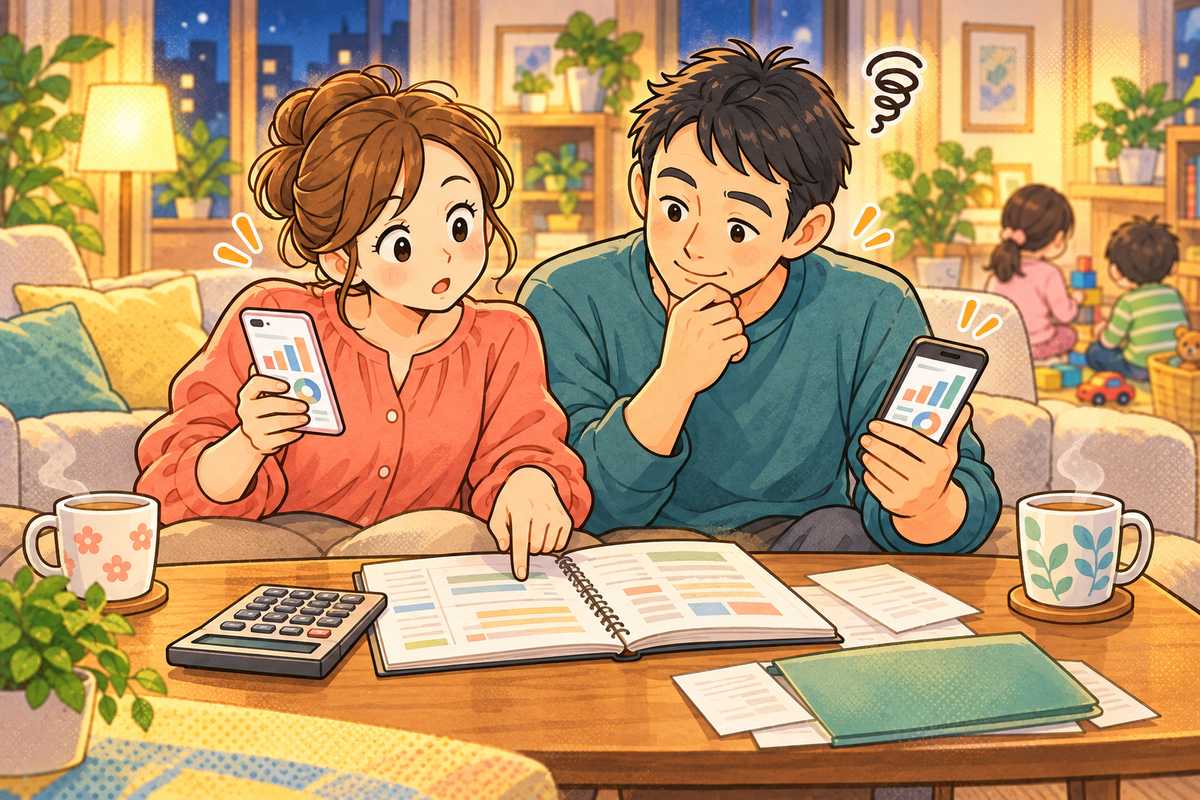 夫婦で家計アプリとノートを見比べながら、保険に入るかどうかを話し合う様子
