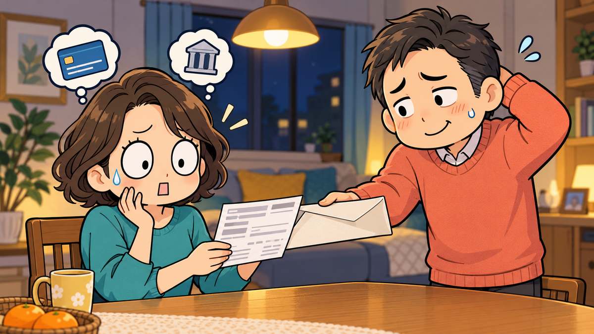 夫から期限切れの電気料金の払込票を渡されて固まる母親