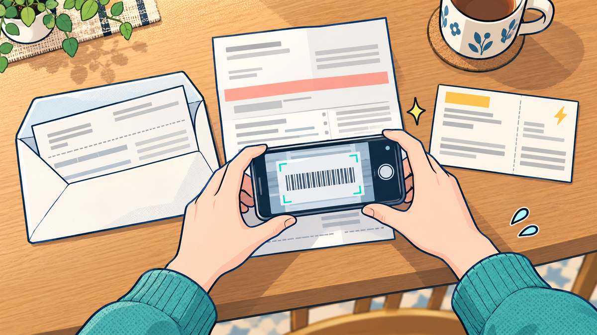 テーブルに並べた払込票と督促状とはがきを前に、スマホで払込票のバーコードを読み取る母親