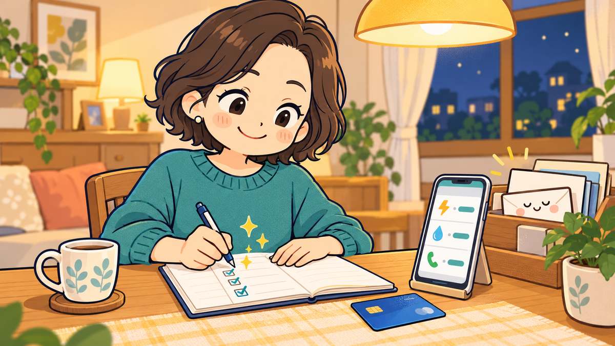 新しいクレジットカードを横に置き、家計簿アプリを見ながら支払先をノートに書き出す母親