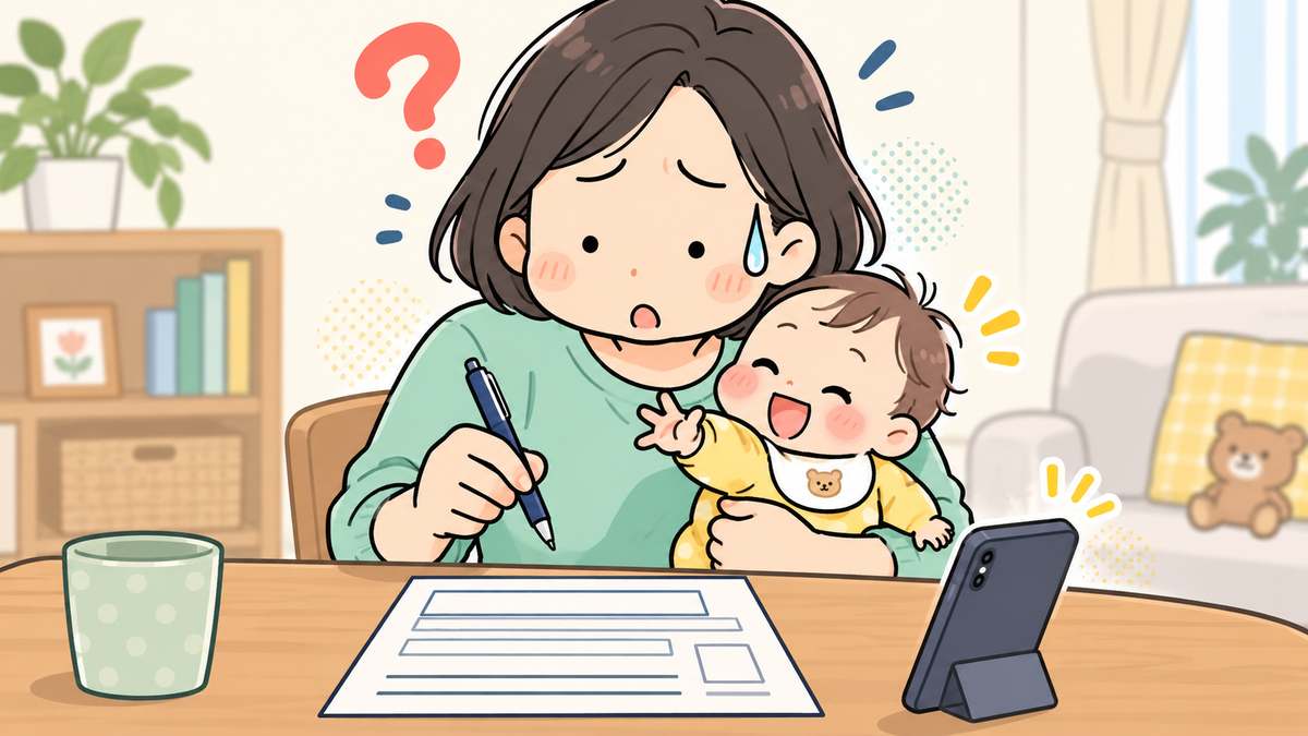赤ちゃんを抱っこしながら口座開設の書類とスマホを見比べる母親
