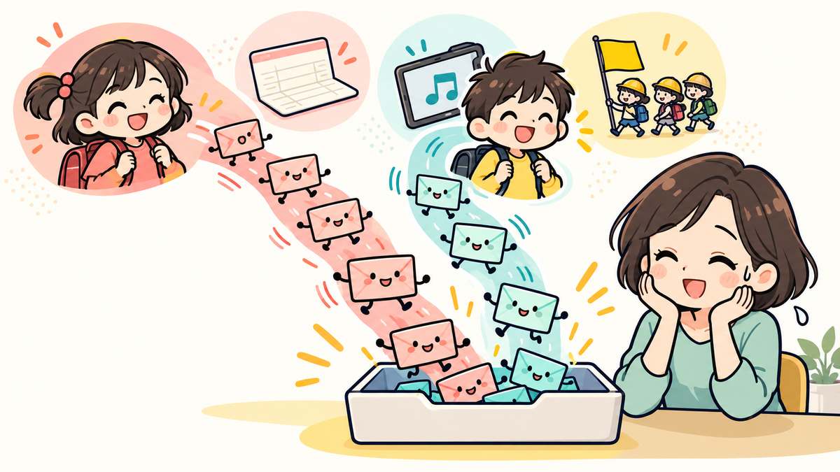 娘用と息子用の2本の線が1つの受信箱に集まるイメージ図