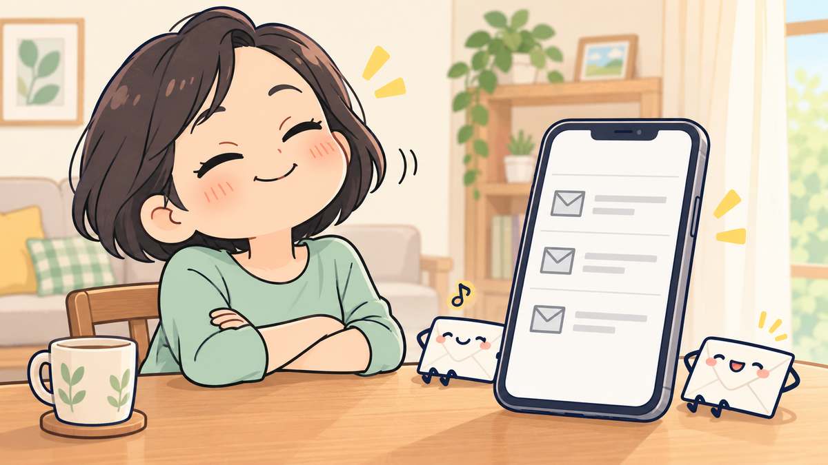 振り分けなしのシンプルな受信箱を見てうなずく母親