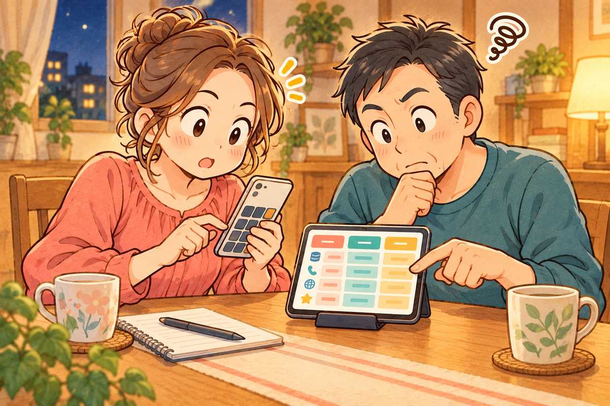 スマホの料金表を見ながらプラン変更を相談する夫婦