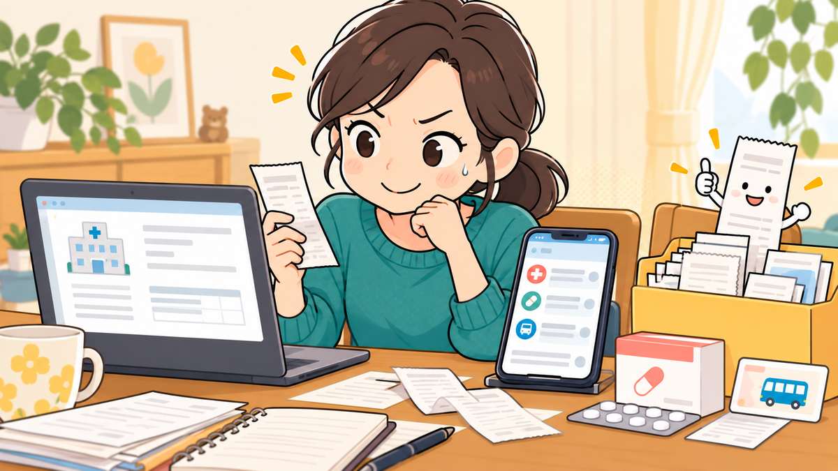 パソコンとスマホの医療費の画面を見ながら、レシートを手に集計する女性。机には市販薬と交通系のカード