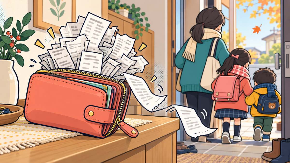 玄関の棚の上で、レシートがあふれる財布。その奥で子どもたちと出かける母親の後ろ姿