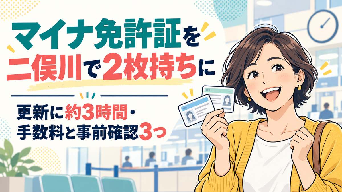 新しい免許証とマイナンバーカードを両手に持って見比べる母親