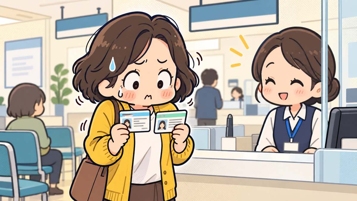 今の免許証とマイナンバーカードを持って運転免許センターで受付を待つ母親