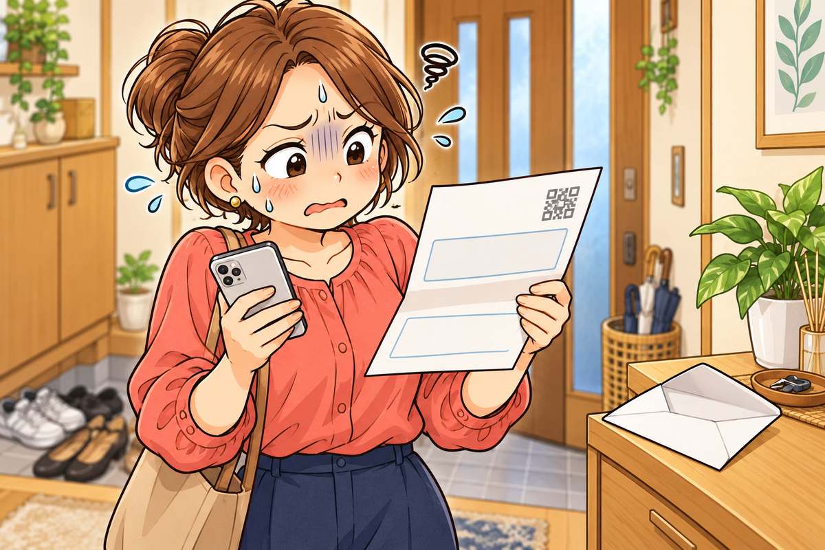 玄関で届いた有効期限通知書を開き、QRコードのついた書面を見て身構える母親
