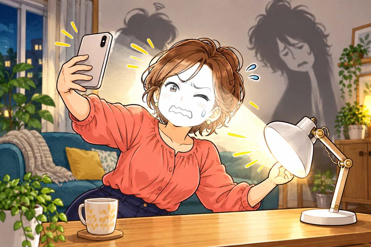 影を消そうとデスクライトを顔に当てながら、スマホで証明写真を自撮りする母親