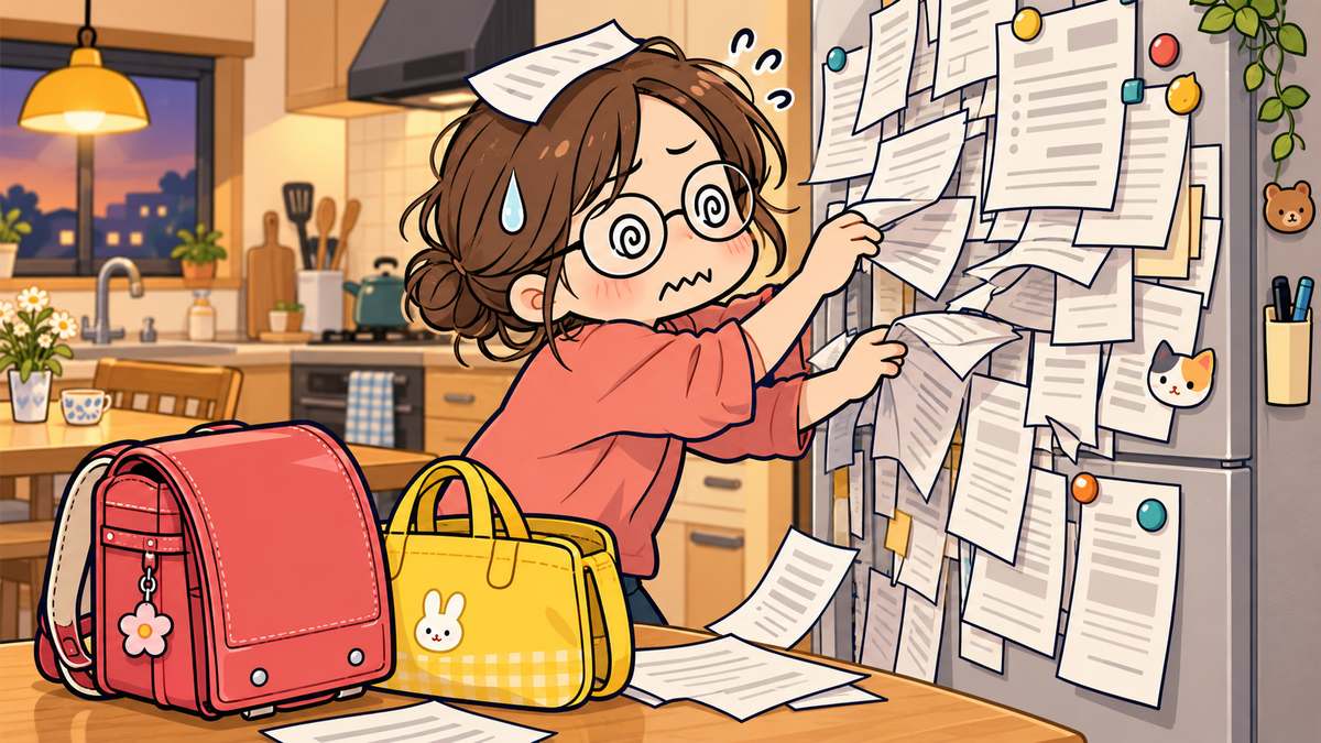 冷蔵庫に貼られたプリントの山から提出期限を探す母親