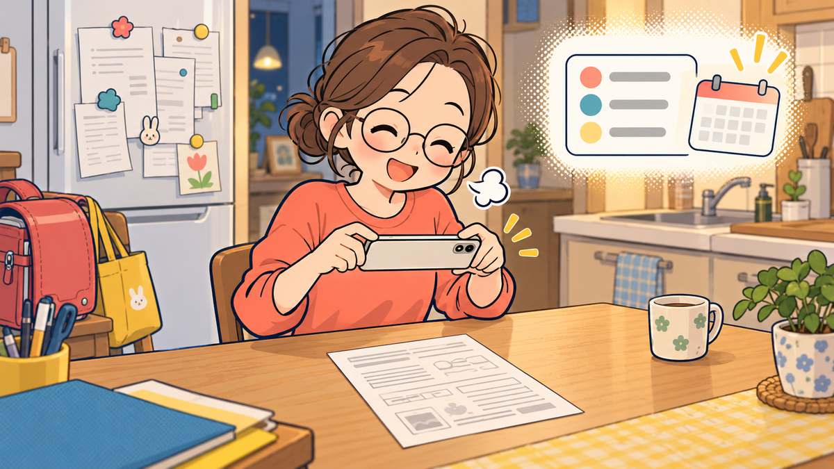 プリントをスマホで撮影してAIに整理してもらう母親