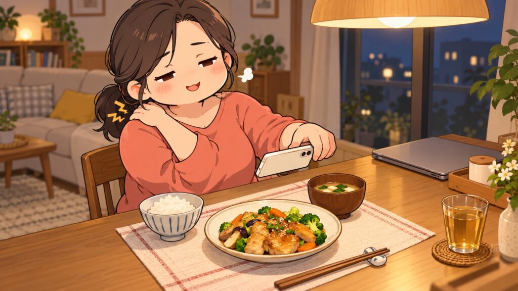 疲れた夜に夕食をスマホで撮るだけで食事記録を済ませる母親