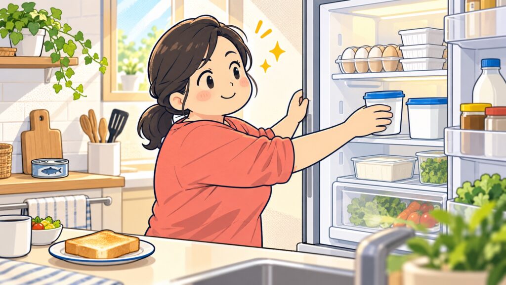 朝の冷蔵庫から卵やヨーグルトを迷わず取り出す母親