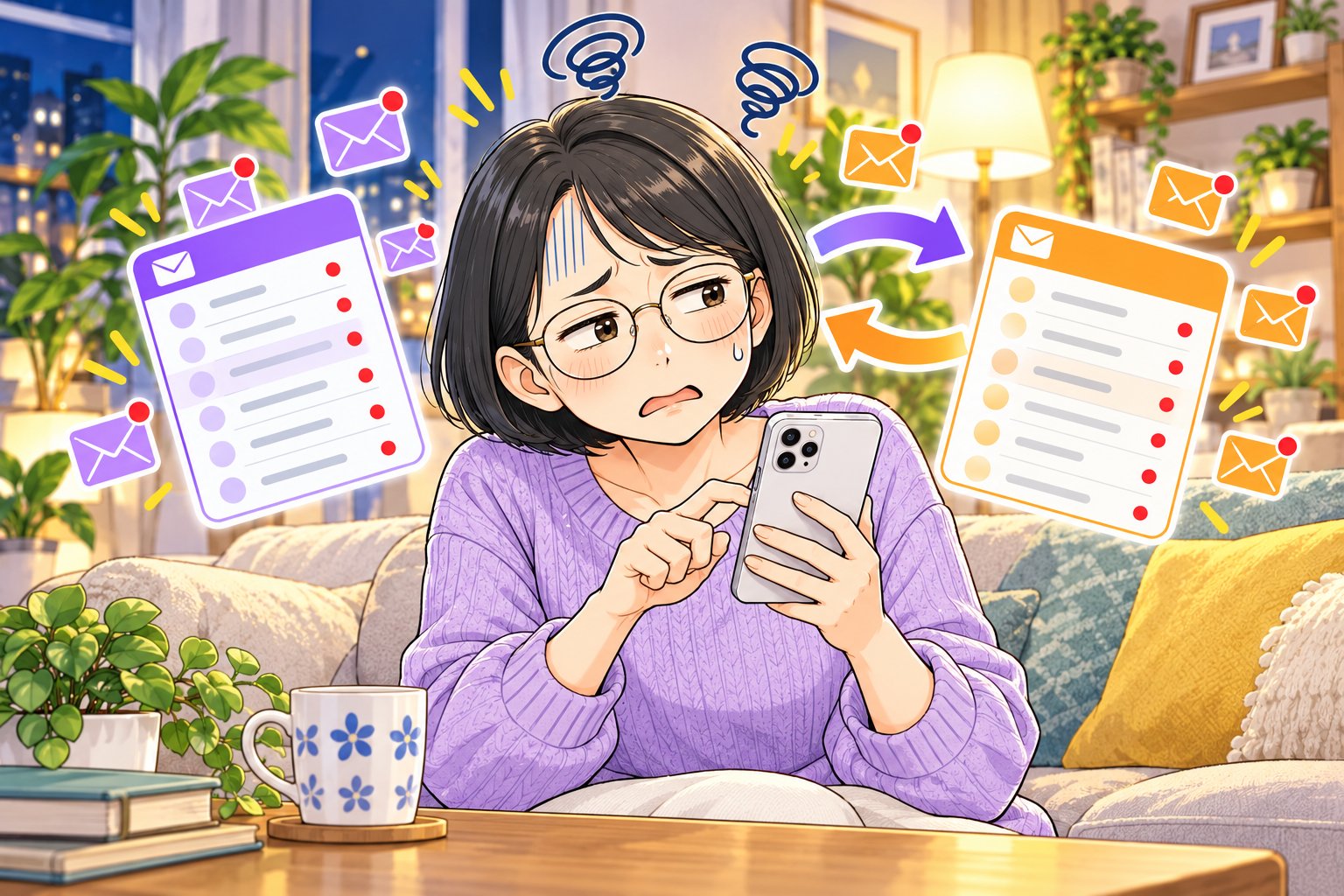 2つのメールアドレスの受信箱を交互に見て困っている母親